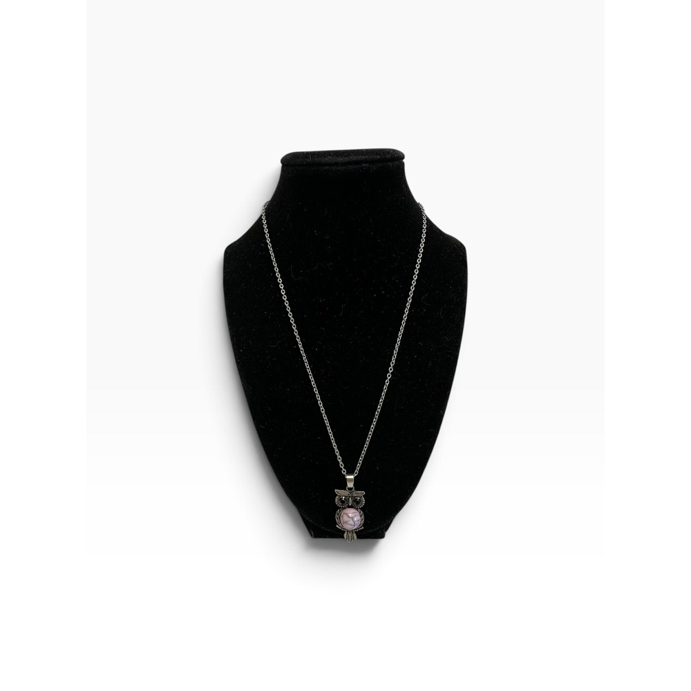 Owl Pendant Necklace 20" Silver Tone Pink Whimsical Stone